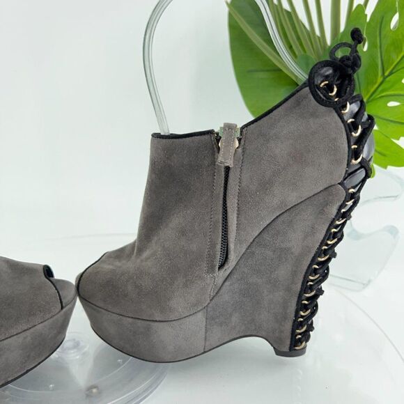Saint Laurent Madge Suede Wedge Boots Women's Size 36 6 Gray Platform Lace Up - Picture 11 of 16